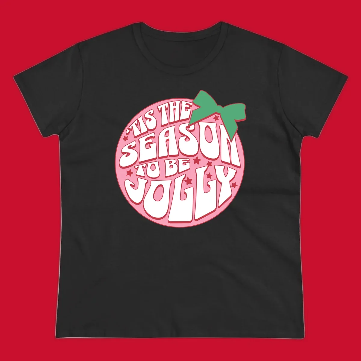 Tis the season to be jolly text with bow and stars, pink oval
