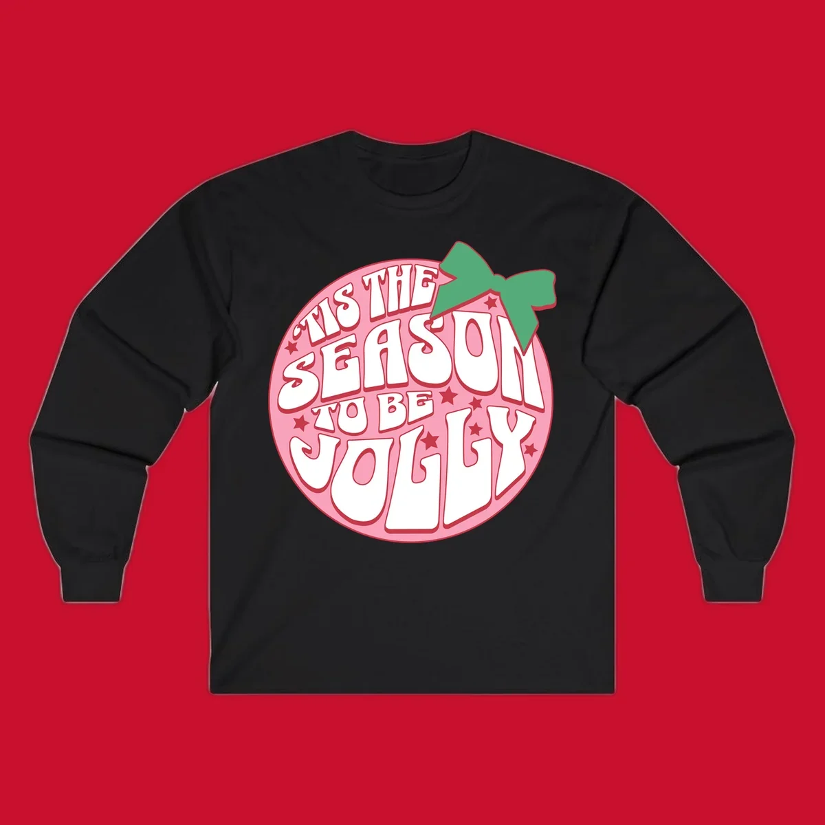 Tis the season to be jolly text with bow and stars, pink oval