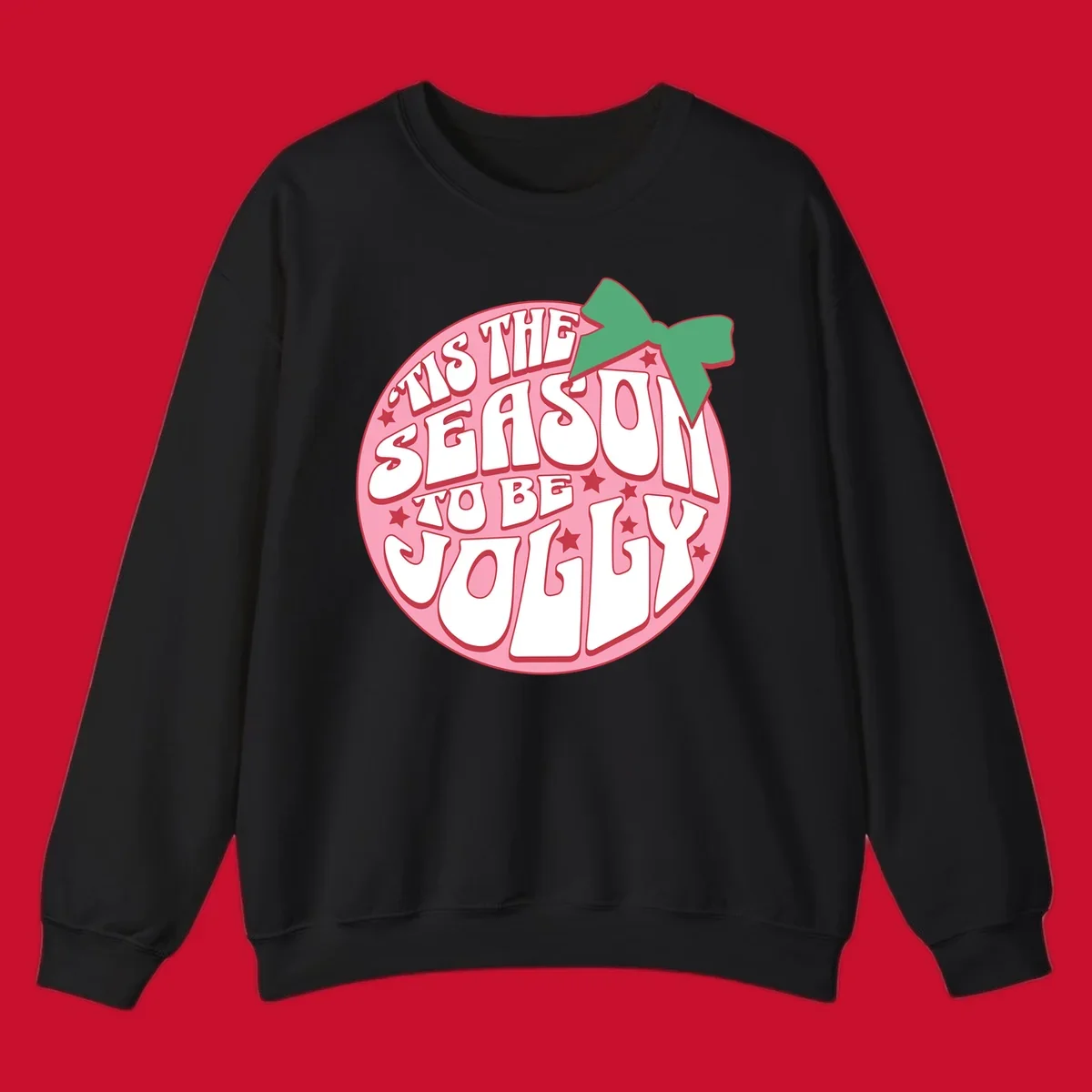 Tis the season to be jolly text with bow and stars, pink oval