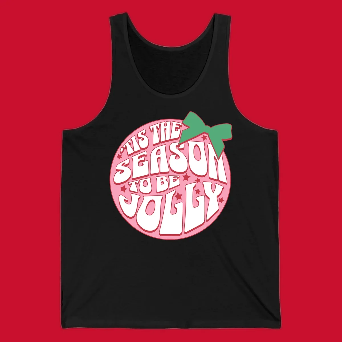 Tis the season to be jolly text with bow and stars, pink oval