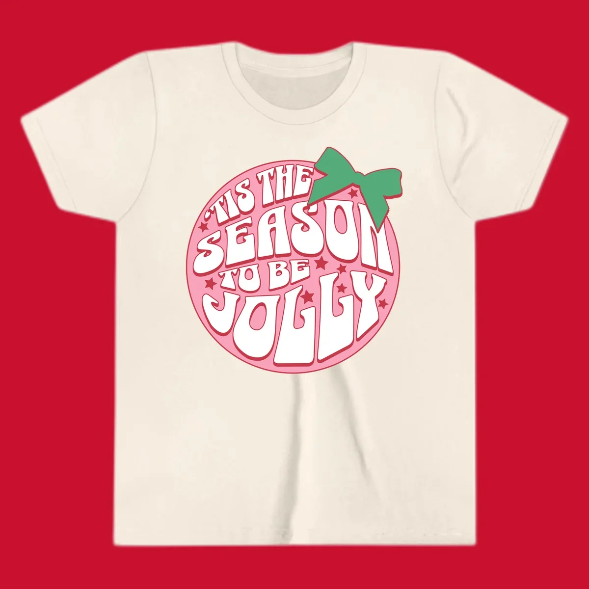 Tis the season to be jolly text with bow and stars, pink oval