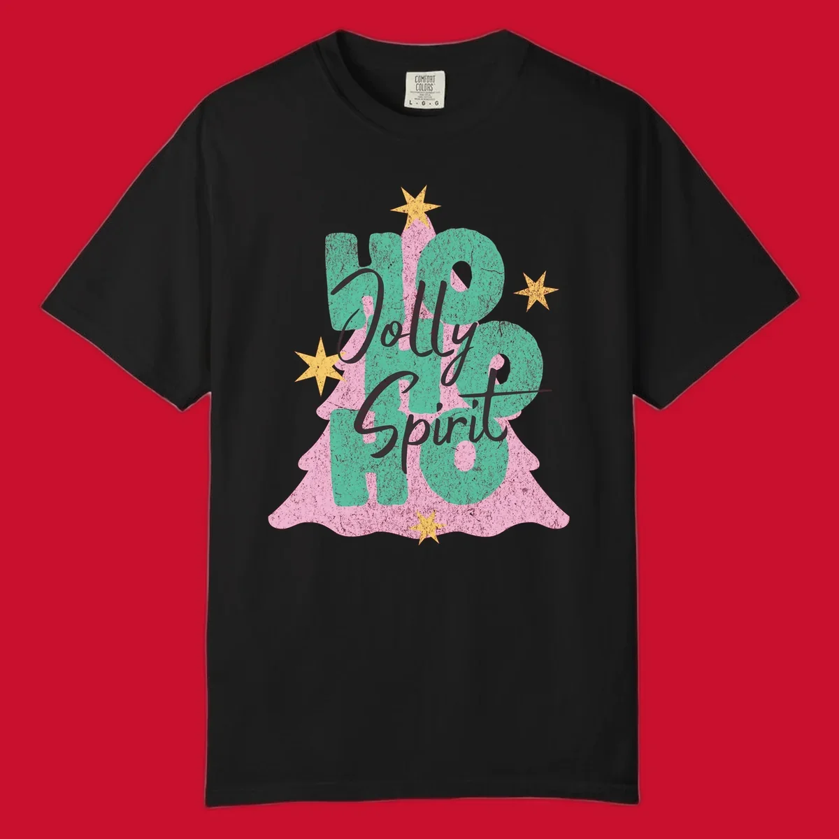 Jolly Ho Ho Spirit text and Christmas tree graphic with stars.