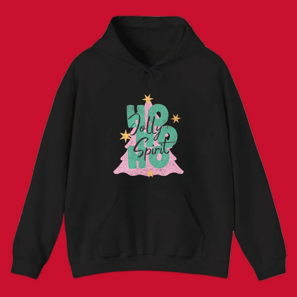 Jolly Ho Ho Spirit text and Christmas tree graphic with stars.