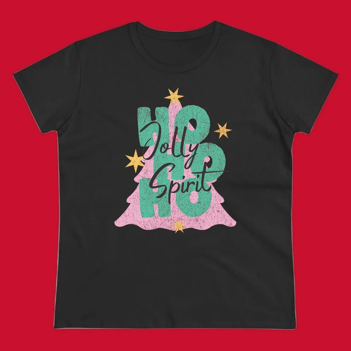 Jolly Ho Ho Spirit text and Christmas tree graphic with stars.