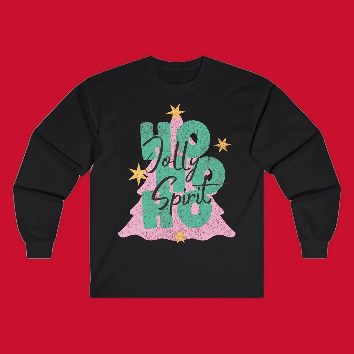 Jolly Ho Ho Spirit text and Christmas tree graphic with stars.