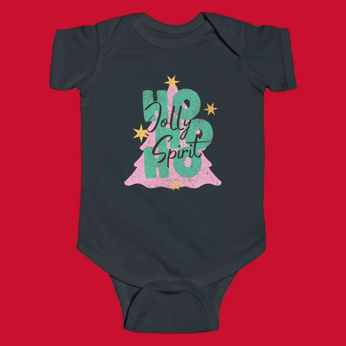 Jolly Ho Ho Spirit text and Christmas tree graphic with stars.