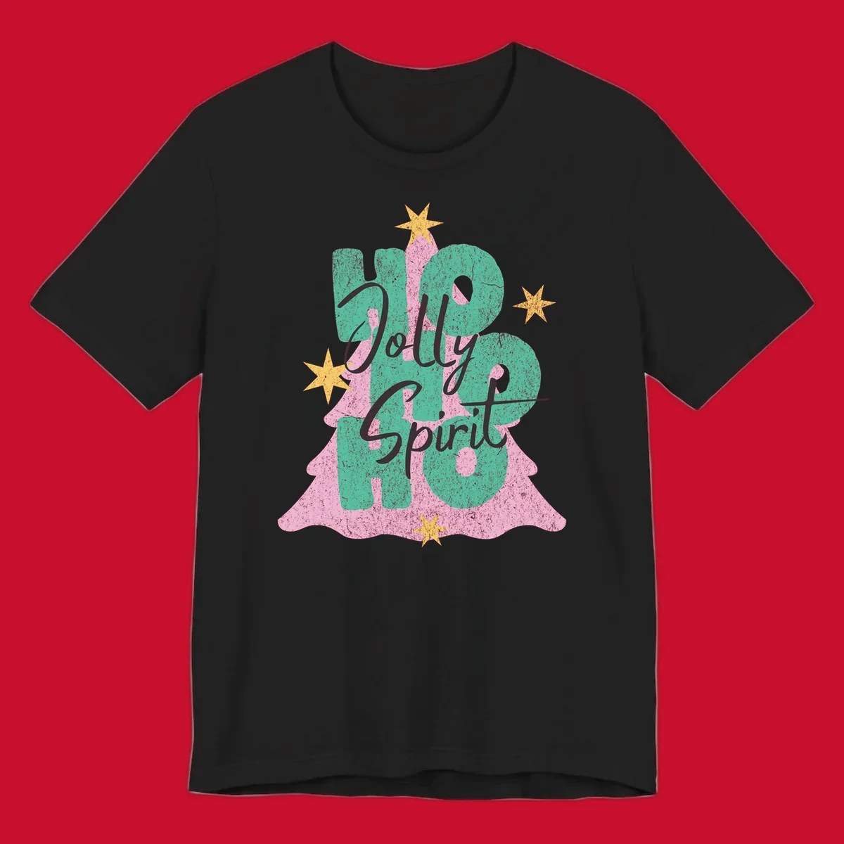Jolly Ho Ho Spirit text and Christmas tree graphic with stars.