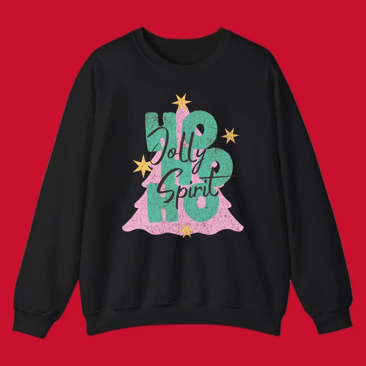 Jolly Ho Ho Spirit text and Christmas tree graphic with stars.