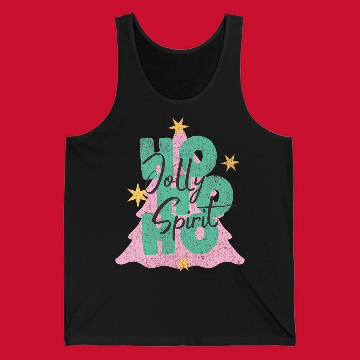 Jolly Ho Ho Spirit text and Christmas tree graphic with stars.