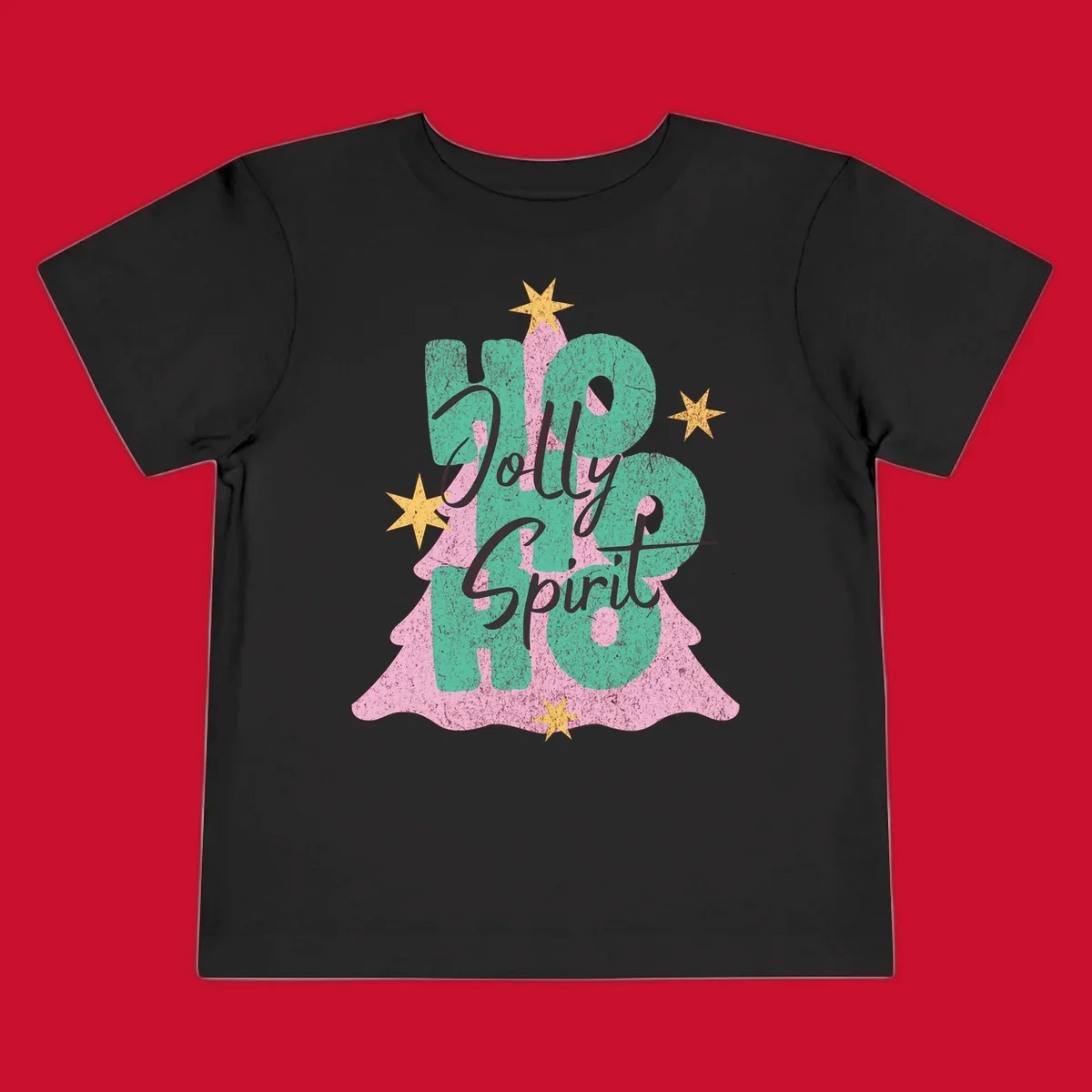 Jolly Ho Ho Spirit text and Christmas tree graphic with stars.