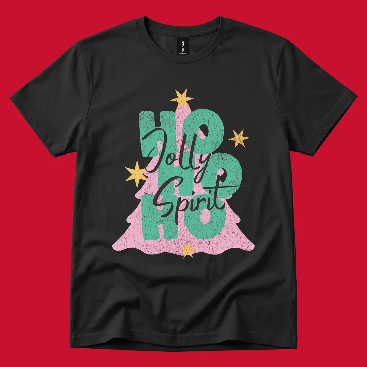 Jolly Ho Ho Spirit text and Christmas tree graphic with stars.