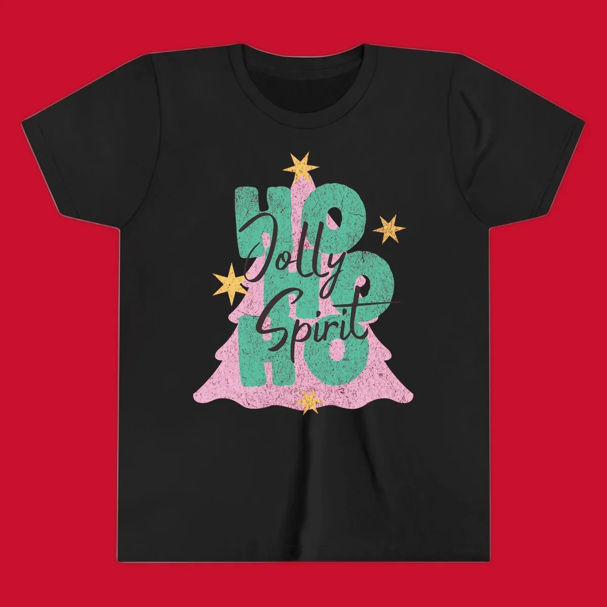 Jolly Ho Ho Spirit text and Christmas tree graphic with stars.