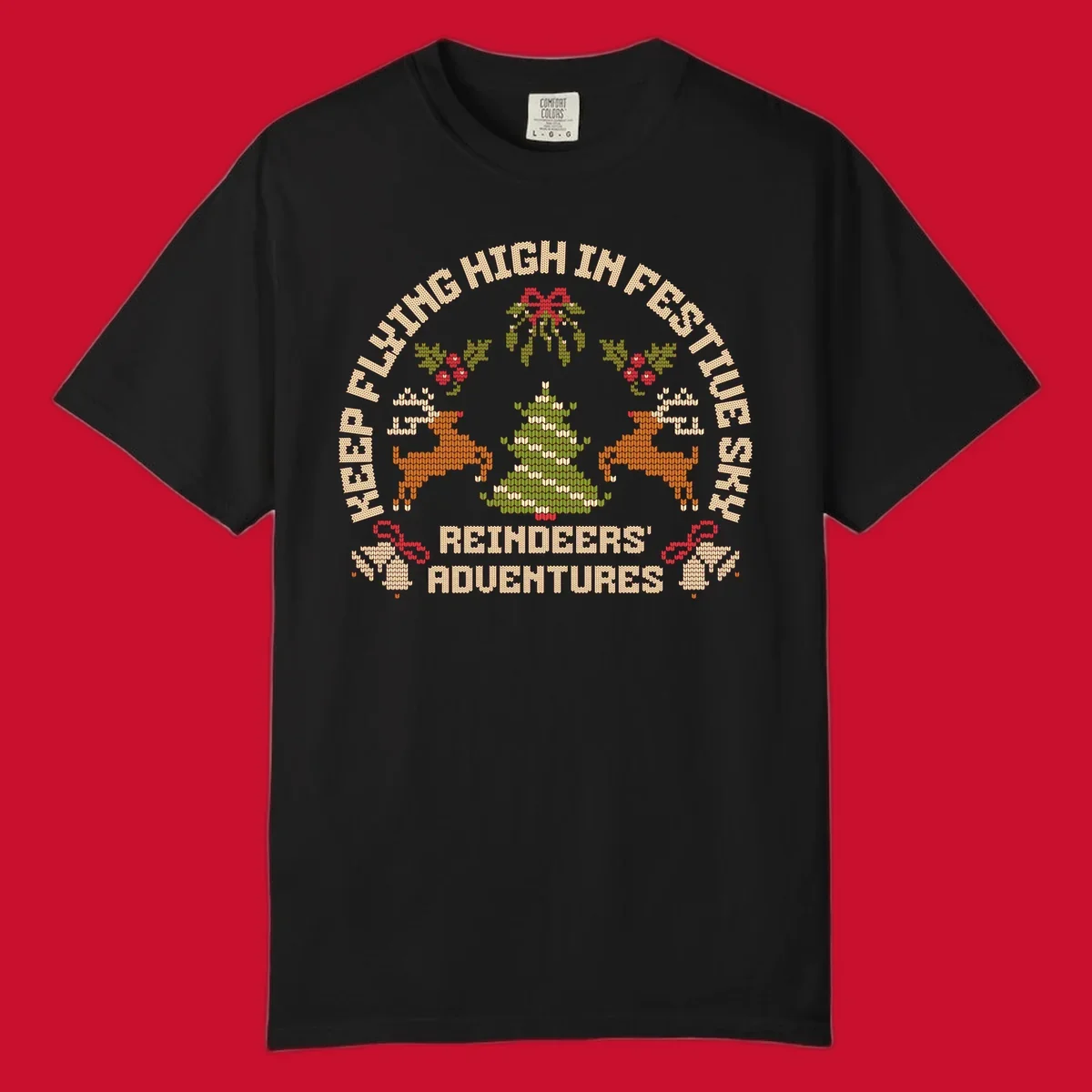 Festivus reindeer adventure holiday design with knitted style elements and text.