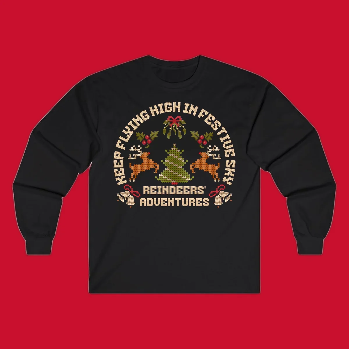 Festivus reindeer adventure holiday design with knitted style elements and text.
