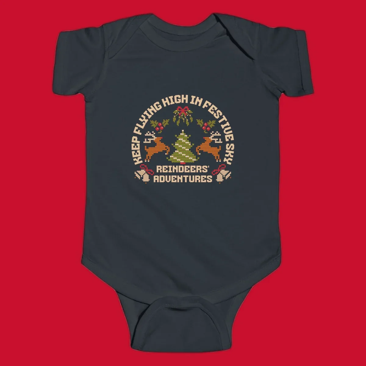 Festivus reindeer adventure holiday design with knitted style elements and text.