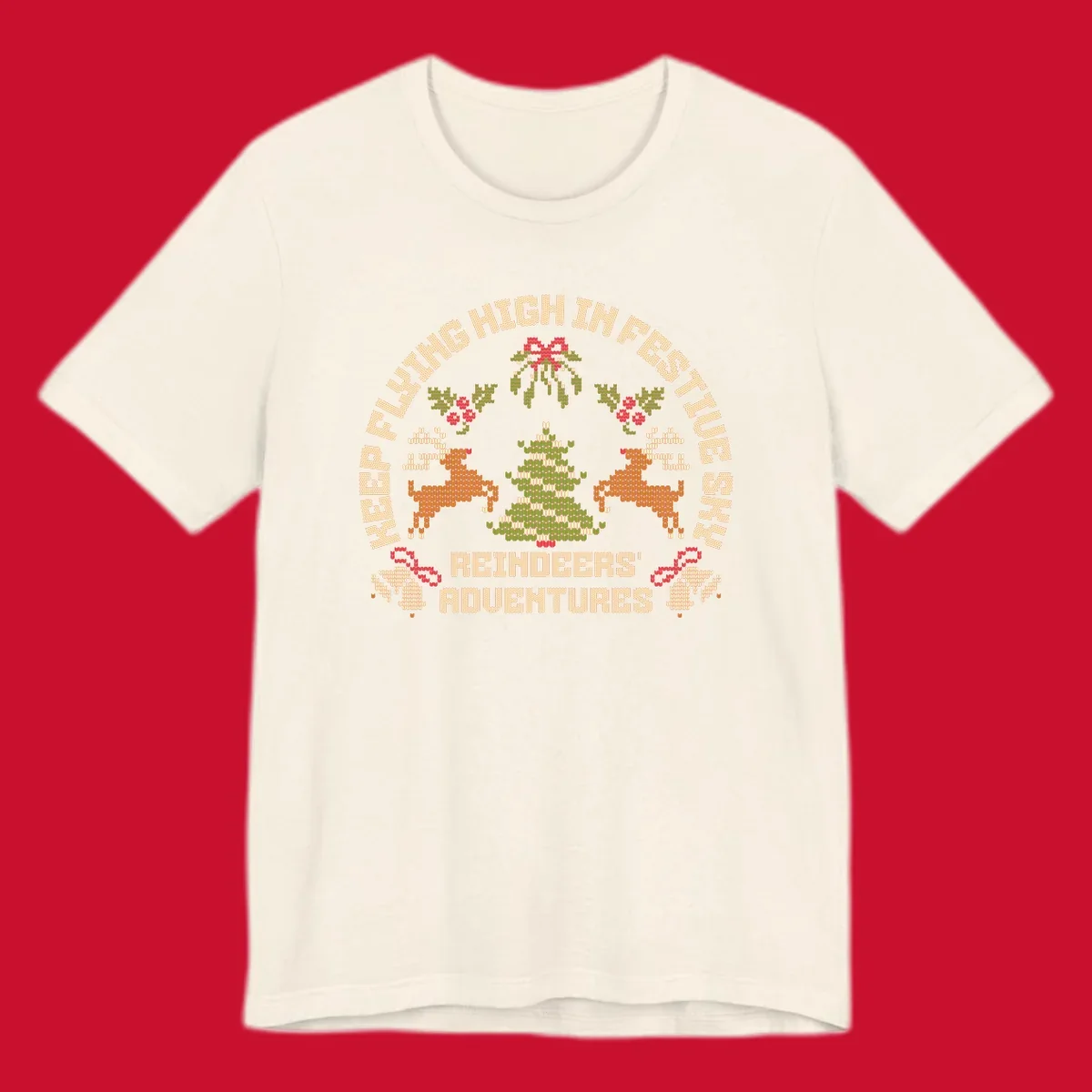 Festivus reindeer adventure holiday design with knitted style elements and text.