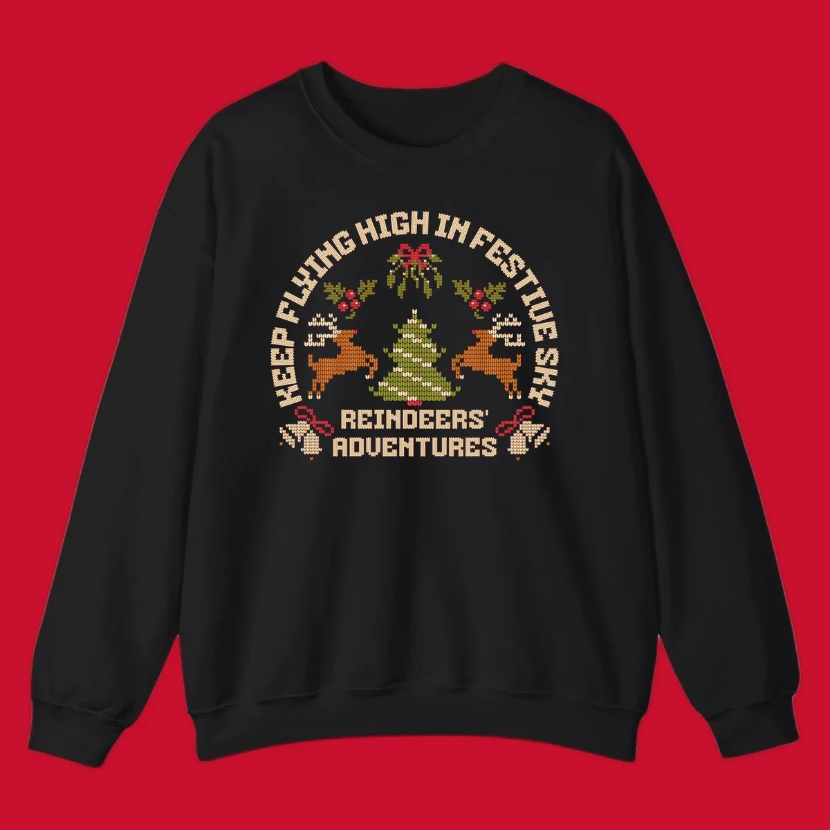 Festivus reindeer adventure holiday design with knitted style elements and text.