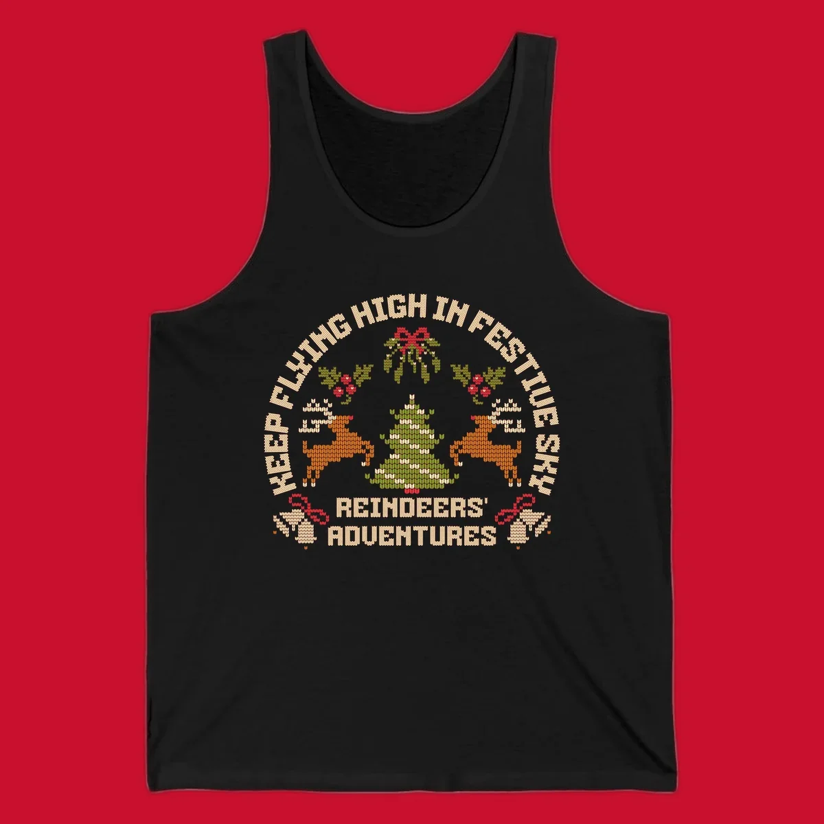 Festivus reindeer adventure holiday design with knitted style elements and text.