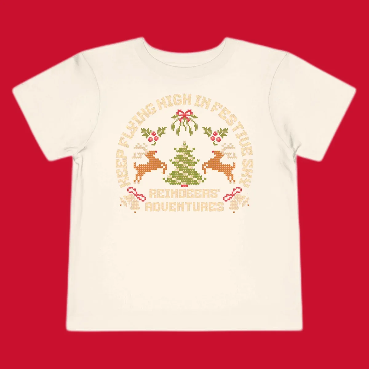 Festivus reindeer adventure holiday design with knitted style elements and text.
