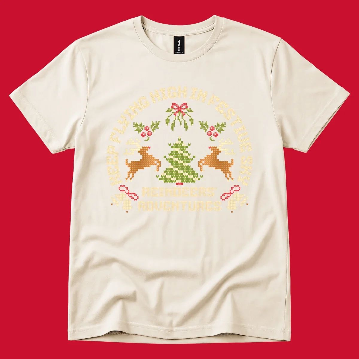 Festivus reindeer adventure holiday design with knitted style elements and text.