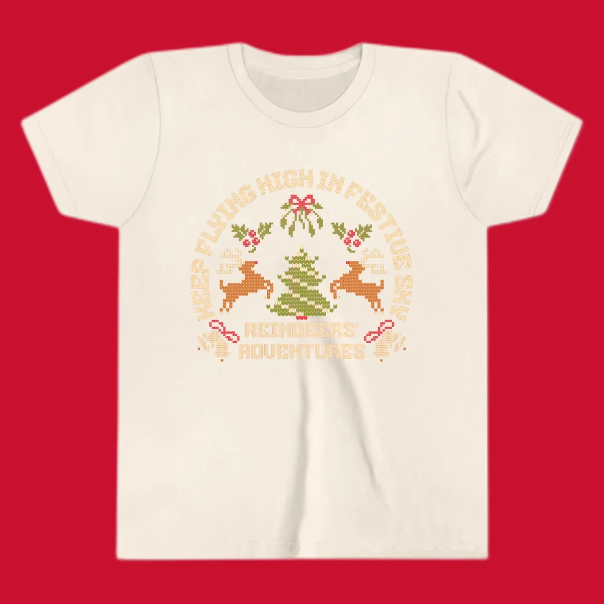 Festivus reindeer adventure holiday design with knitted style elements and text.