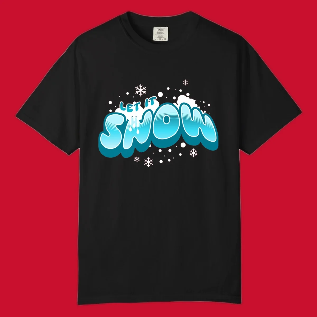 Bold blue and white 'Let It Snow' text with snowflakes and drips, festive holiday design.