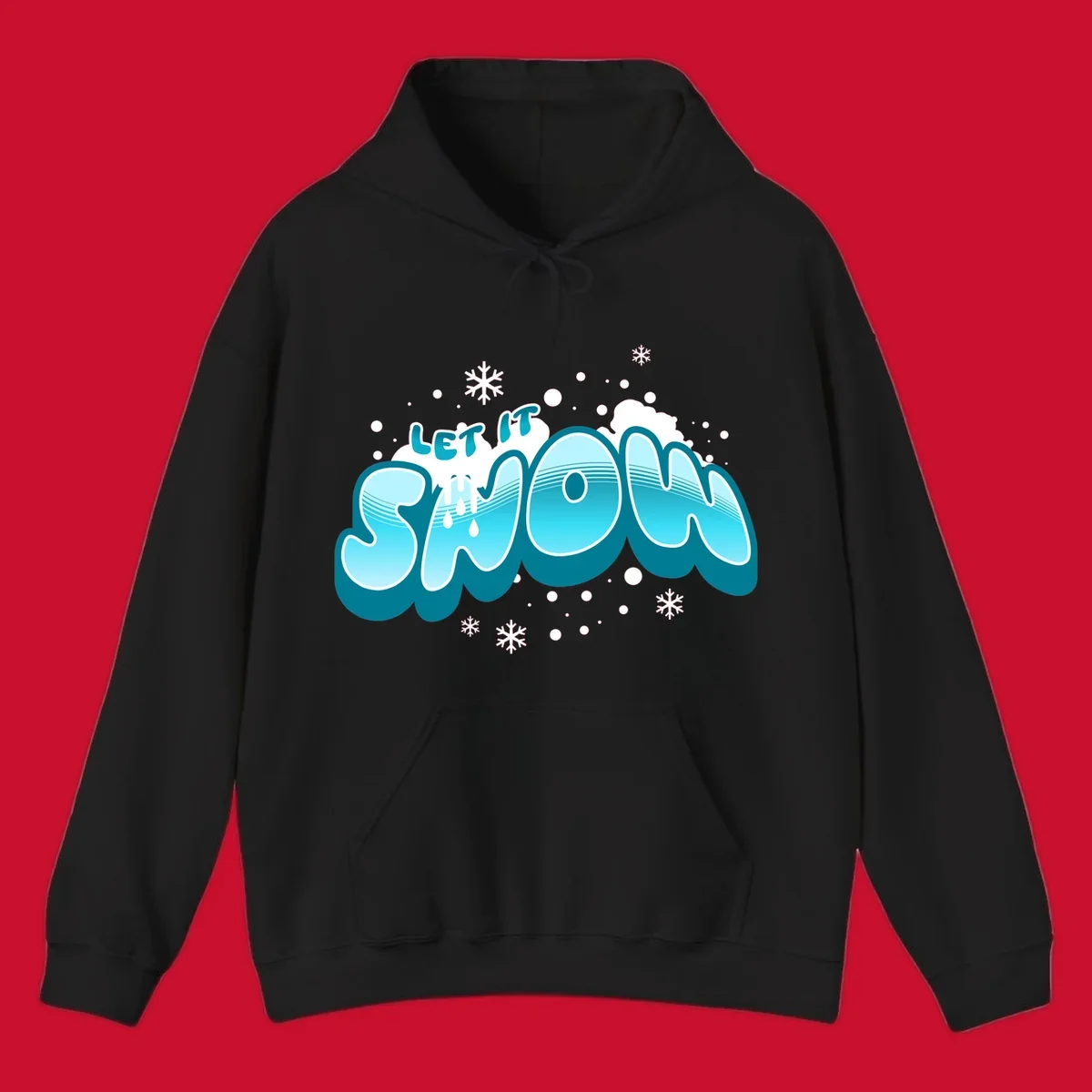 Bold blue and white 'Let It Snow' text with snowflakes and drips, festive holiday design.