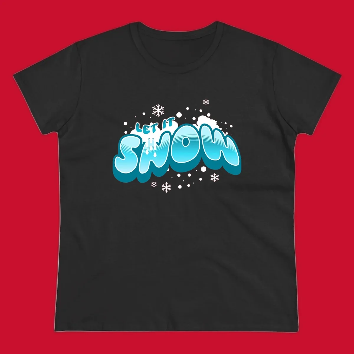 Bold blue and white 'Let It Snow' text with snowflakes and drips, festive holiday design.
