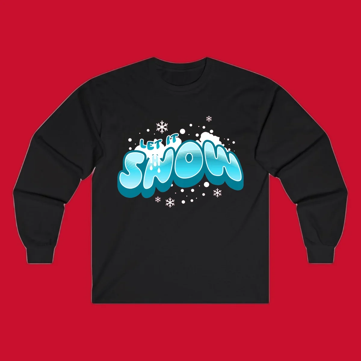 Bold blue and white 'Let It Snow' text with snowflakes and drips, festive holiday design.