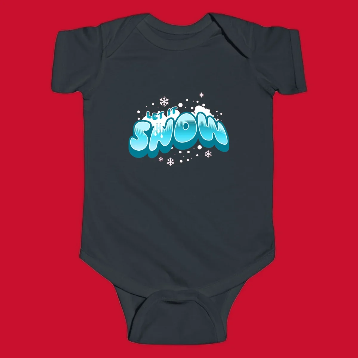 Bold blue and white 'Let It Snow' text with snowflakes and drips, festive holiday design.