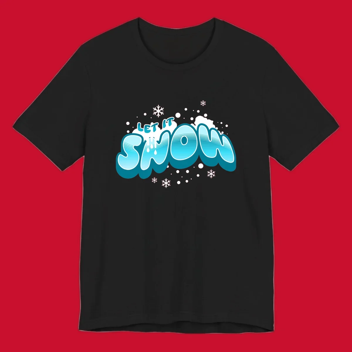 Bold blue and white 'Let It Snow' text with snowflakes and drips, festive holiday design.