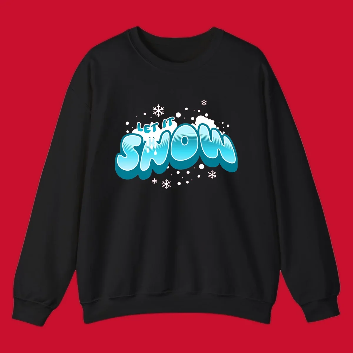 Bold blue and white 'Let It Snow' text with snowflakes and drips, festive holiday design.