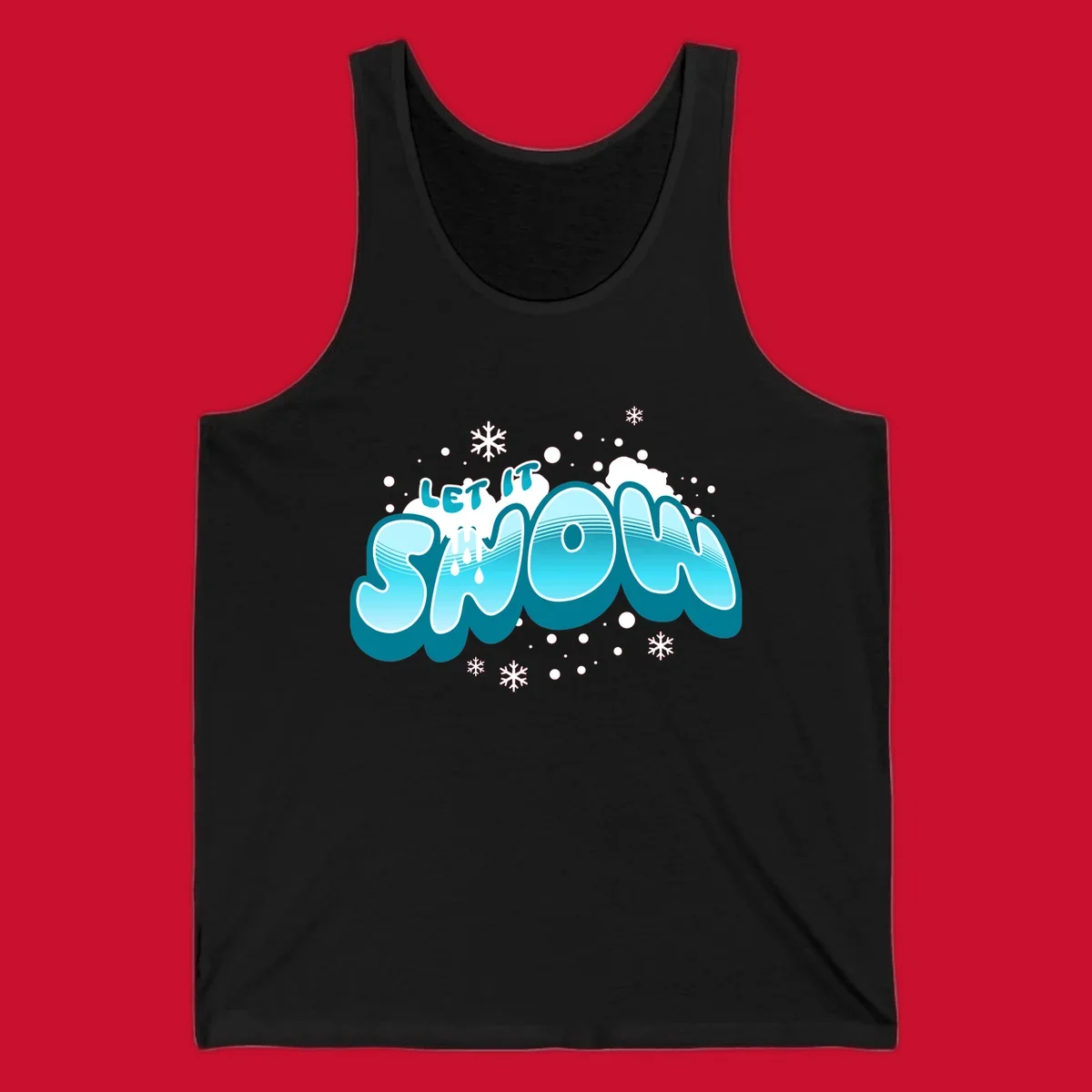 Bold blue and white 'Let It Snow' text with snowflakes and drips, festive holiday design.