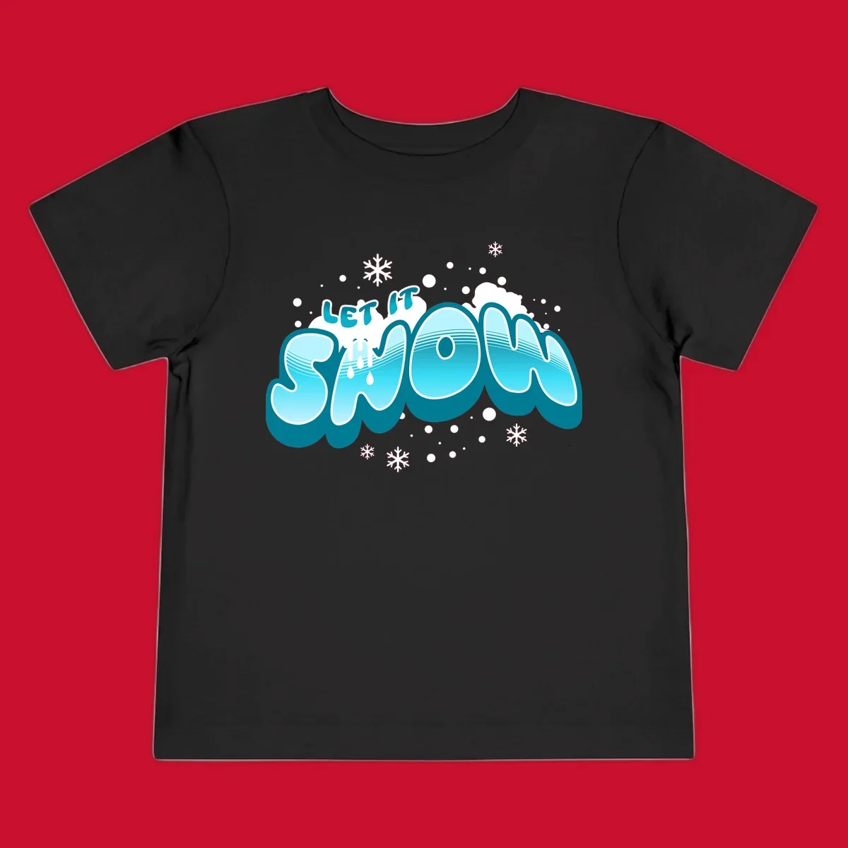 Bold blue and white 'Let It Snow' text with snowflakes and drips, festive holiday design.