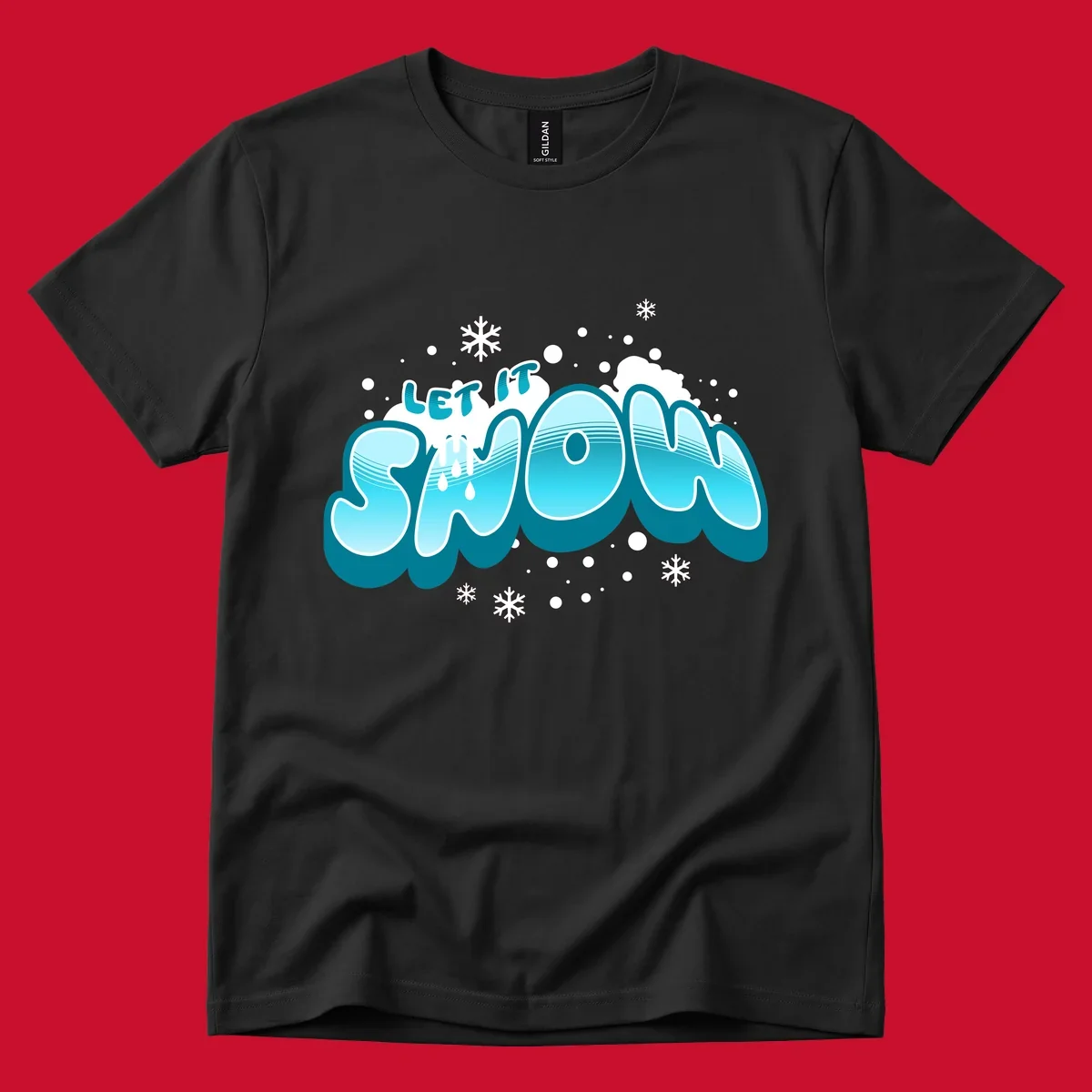 Bold blue and white 'Let It Snow' text with snowflakes and drips, festive holiday design.
