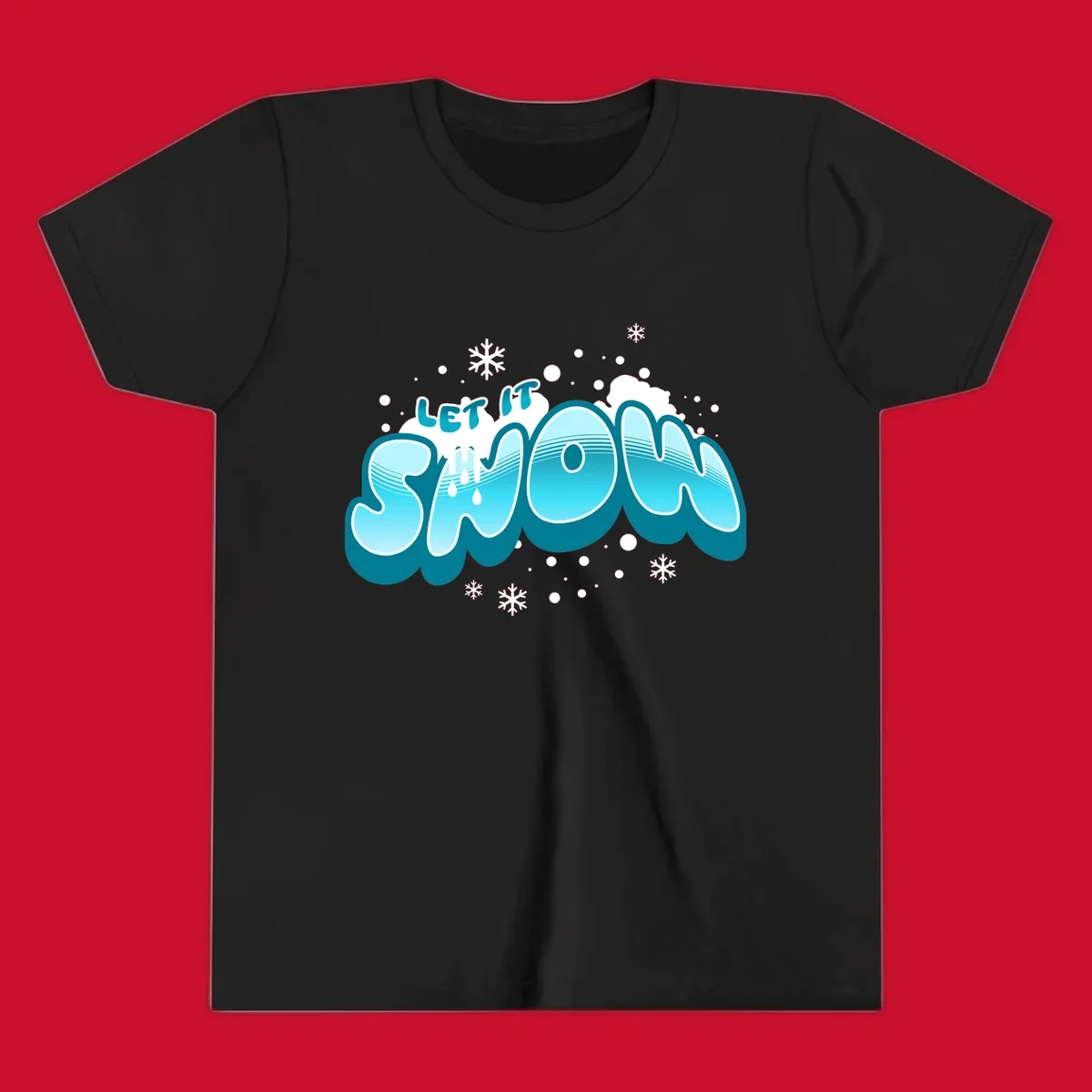 Bold blue and white 'Let It Snow' text with snowflakes and drips, festive holiday design.