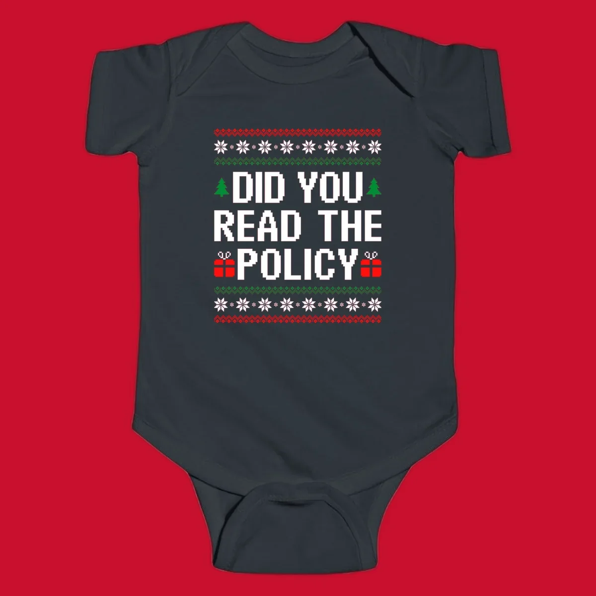 Did You Read The Policy Christmas Ugly Sweater design with pixelated text, trees, and gifts.