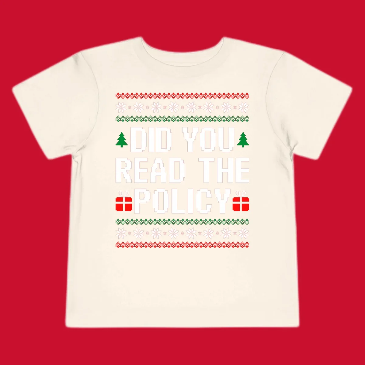 Did You Read The Policy Christmas Ugly Sweater design with pixelated text, trees, and gifts.