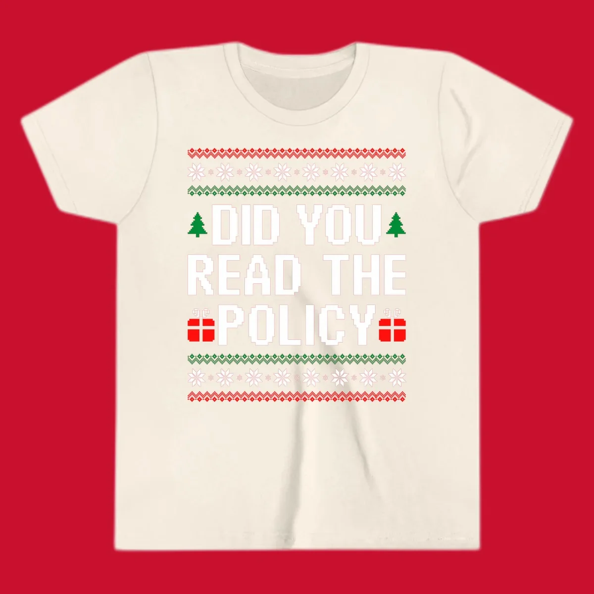 Did You Read The Policy Christmas Ugly Sweater design with pixelated text, trees, and gifts.