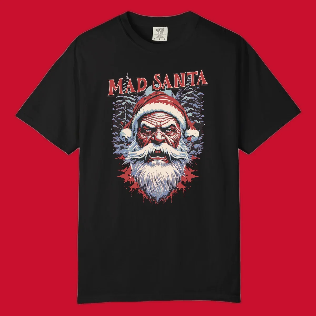 Mad Santa Christmas graphic with creepy Santa face and blood splatters.