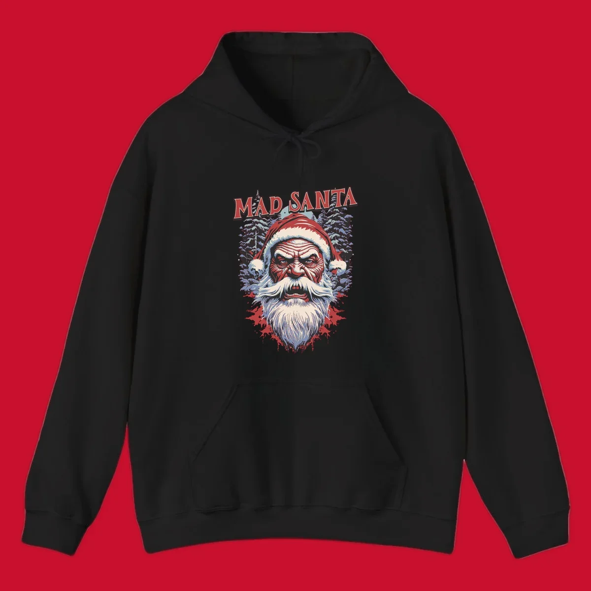 Mad Santa Christmas graphic with creepy Santa face and blood splatters.