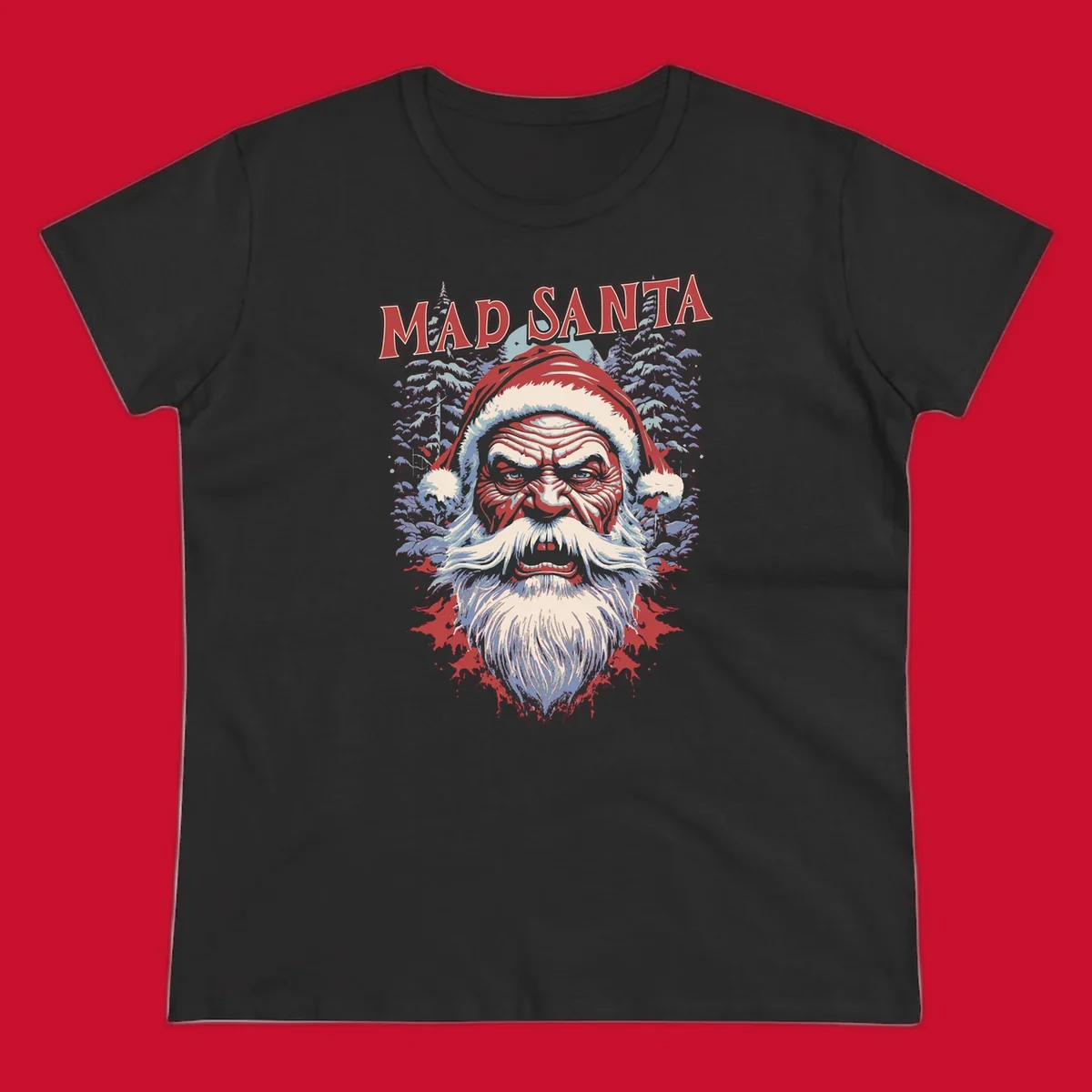 Mad Santa Christmas graphic with creepy Santa face and blood splatters.