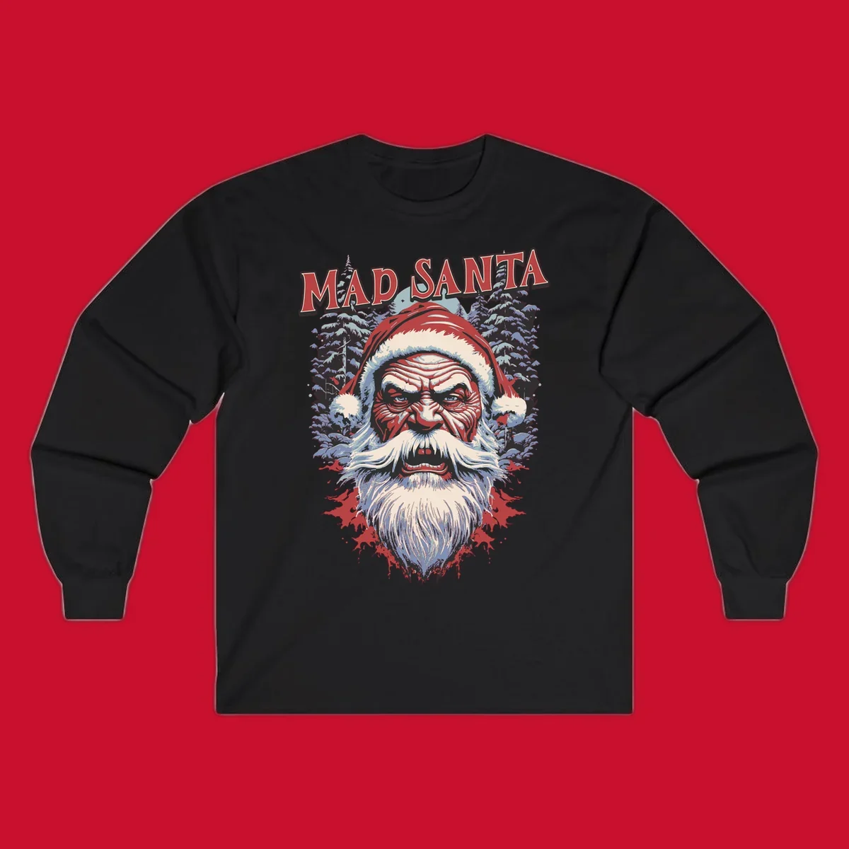 Mad Santa Christmas graphic with creepy Santa face and blood splatters.