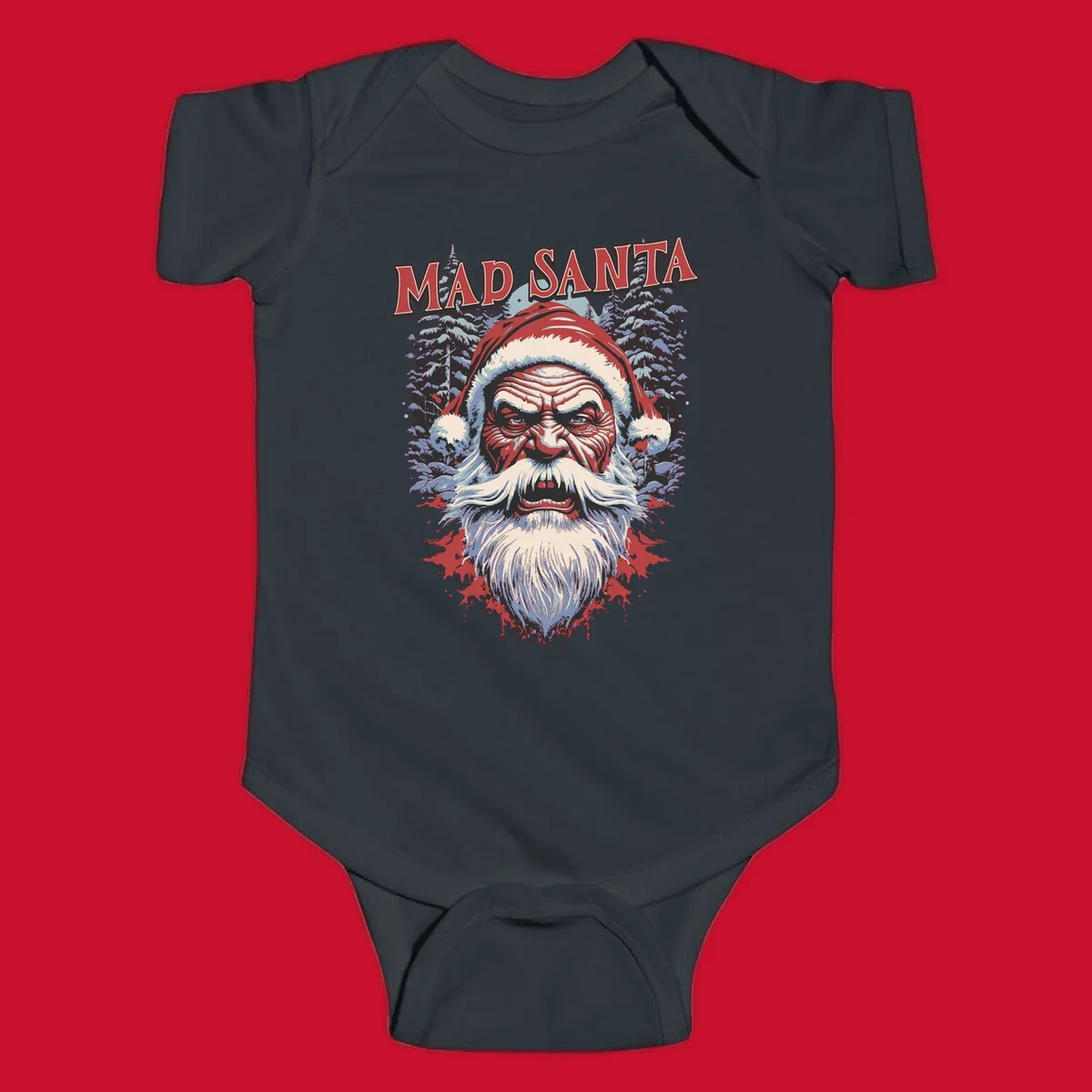 Mad Santa Christmas graphic with creepy Santa face and blood splatters.