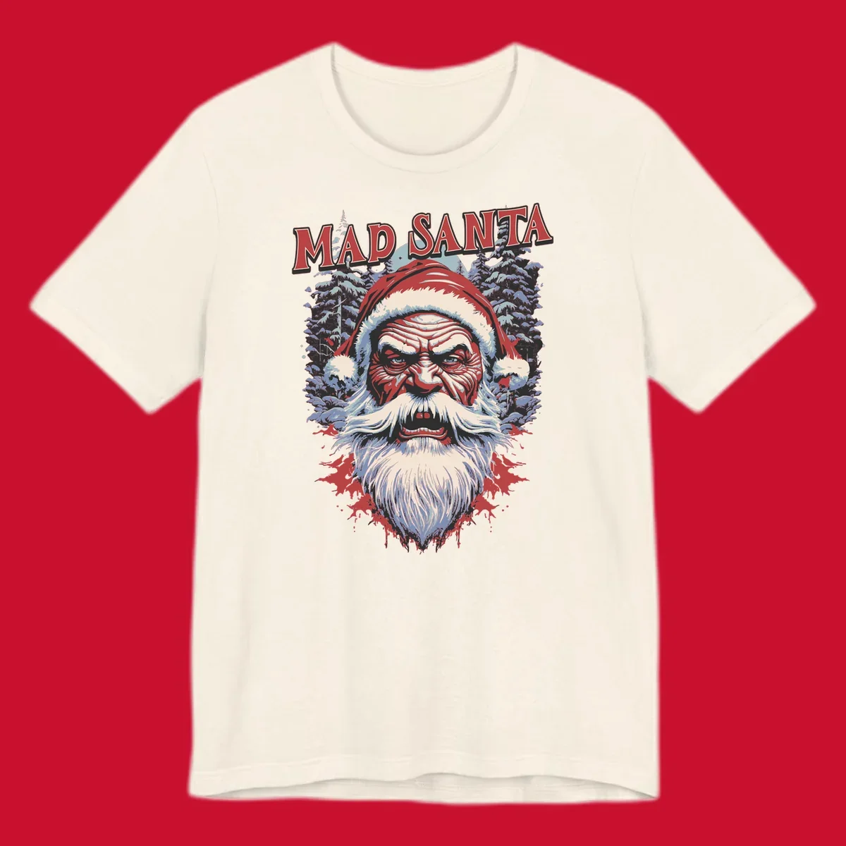 Mad Santa Christmas graphic with creepy Santa face and blood splatters.
