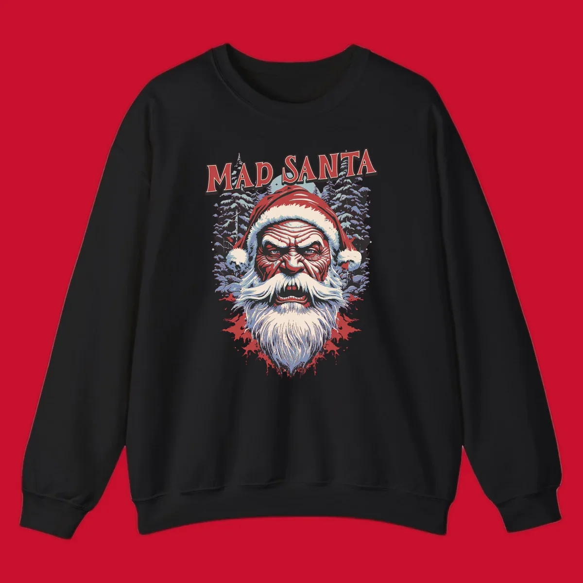 Mad Santa Christmas graphic with creepy Santa face and blood splatters.