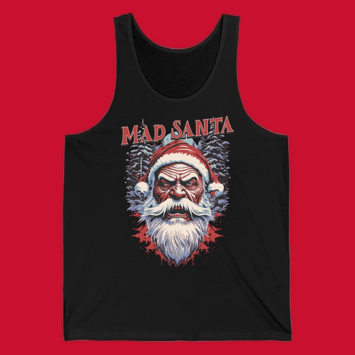 Mad Santa Christmas graphic with creepy Santa face and blood splatters.
