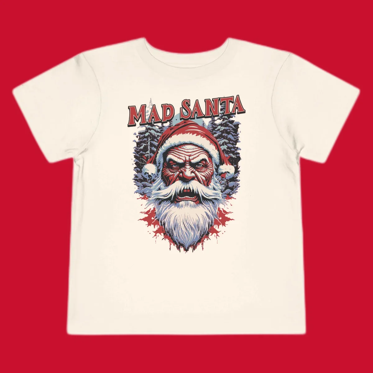 Mad Santa Christmas graphic with creepy Santa face and blood splatters.