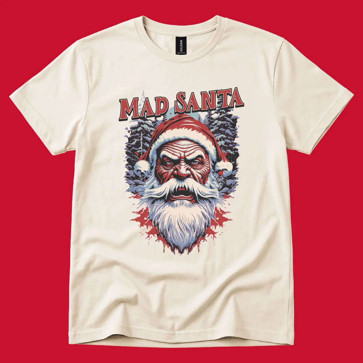 Mad Santa Christmas graphic with creepy Santa face and blood splatters.