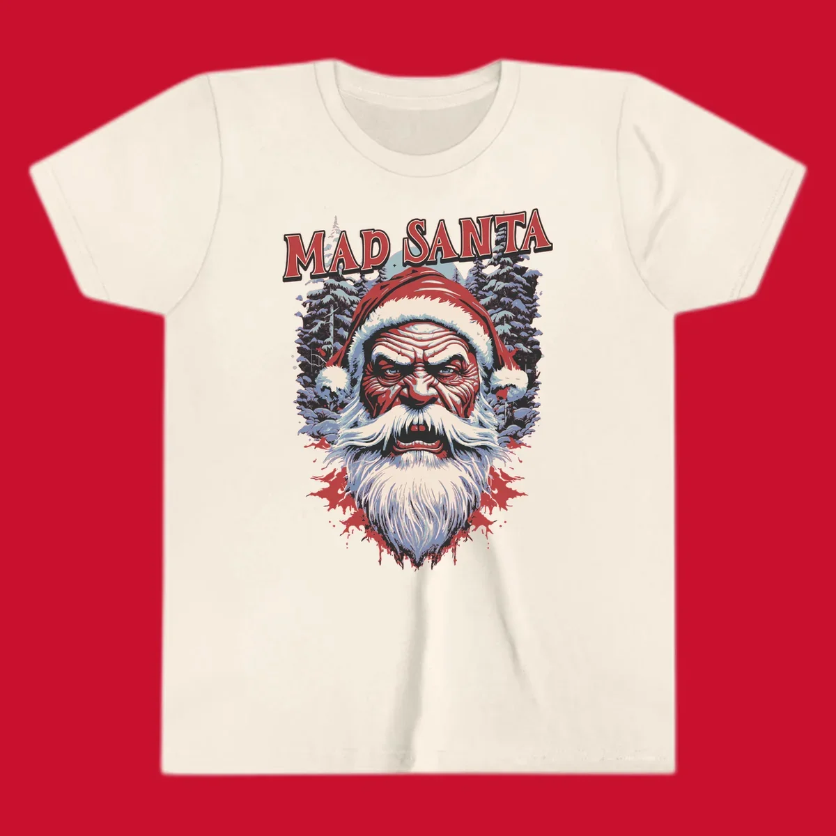 Mad Santa Christmas graphic with creepy Santa face and blood splatters.
